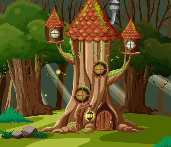 Fantasia Floresta Fundo Com Árvore Casa Ilustração — Vetor de Stock