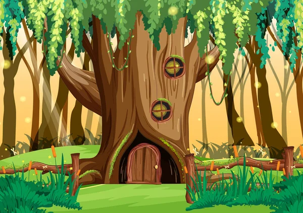 Fantasy Tree House Dans Forêt Illustration — Image vectorielle