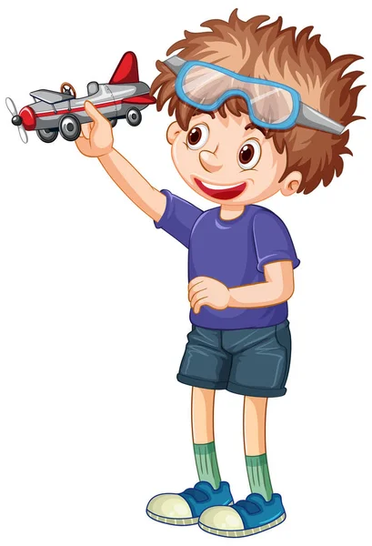 Boy Wears Glasses Playing Airplane Toy Illustration — Stock Vector