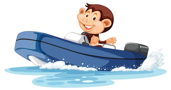 Cute Monkey Driving Boat Illustration — Stock Vector