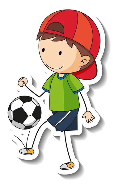 Szablon Naklejki Chłopcem Gra Piłkę Nożną Postać Kreskówki Odizolowane Ilustracja — Wektor stockowy
