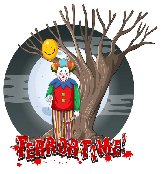 Scary Clown Holding Balloon Full Moon Background Illustration — Stock Vector