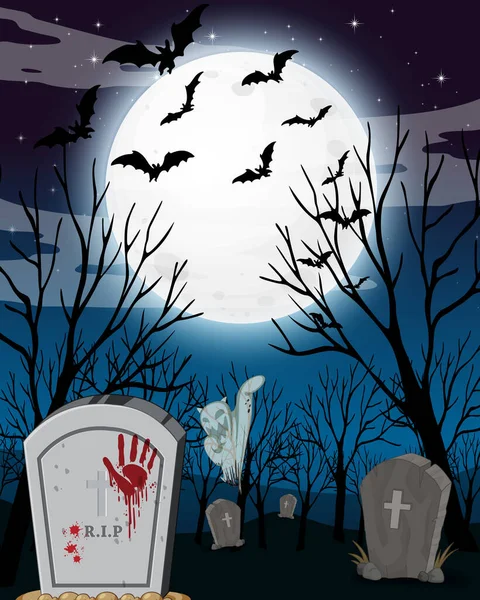 Forest Cemetery Night Full Moon Illustration — Stock Vector