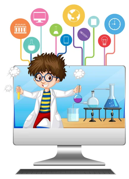 Computador Com Cientista Criança Desenho Animado Personagem Ilustração —  Vetores de Stock