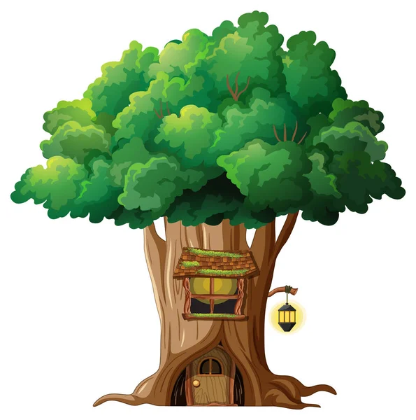 Fantazie Strom Dům Uvnitř Stromu Kufr Bílém Pozadí Ilustrace — Stockový vektor