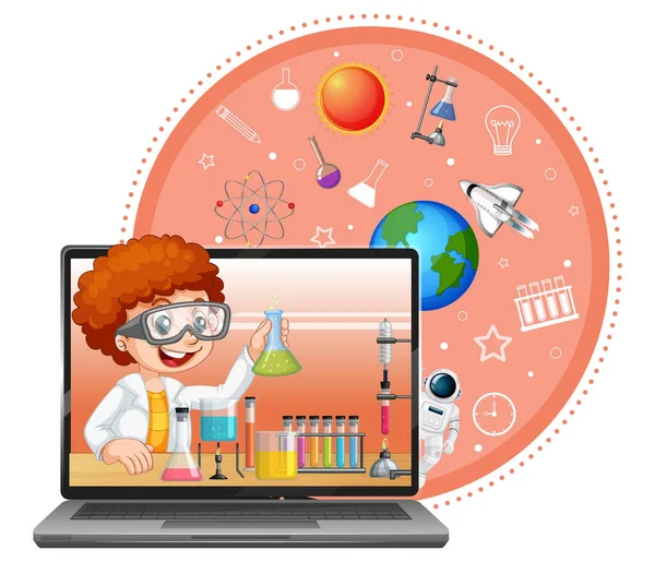 Laptop Naukowcem Dziecko Postać Kreskówek Ilustracja — Wektor stockowy