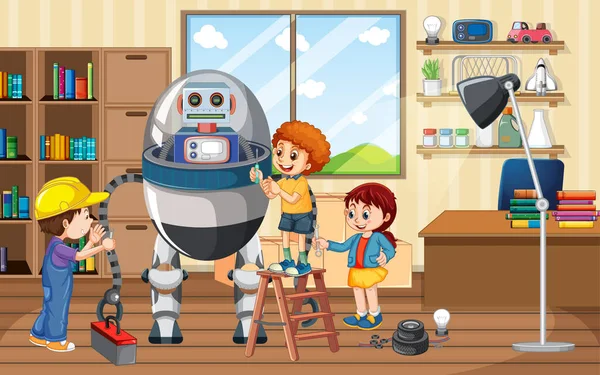 Παιδιά Χτίζουν Ένα Ρομπότ Μαζί Στην Εικόνα Σκηνή Του Δωματίου — Διανυσματικό Αρχείο