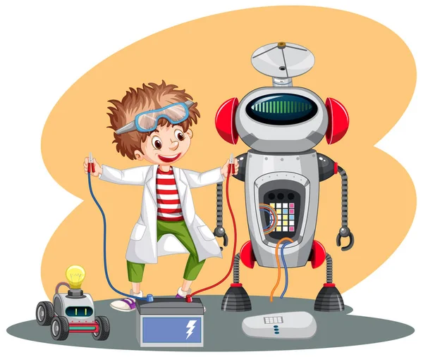 Młody Chłopiec Naprawianie Ilustracji Robota — Wektor stockowy