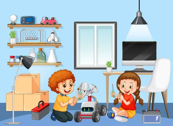 Niños Arreglando Robot Juntos Escena Habitación Ilustración — Vector de stock