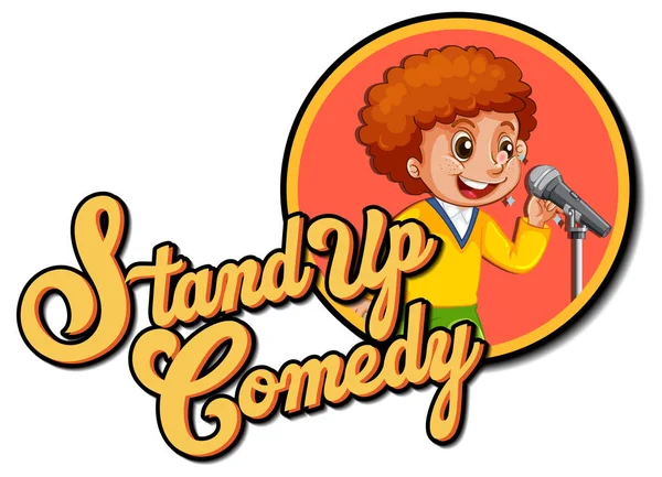 Sta Comedy Logo Ontwerp Met Jongen Cartoon Karakter Illustratie — Stockvector