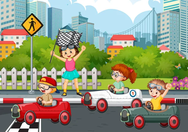 Escena Del Parque Con Ilustración Coches Carreras Para Niños — Vector de stock