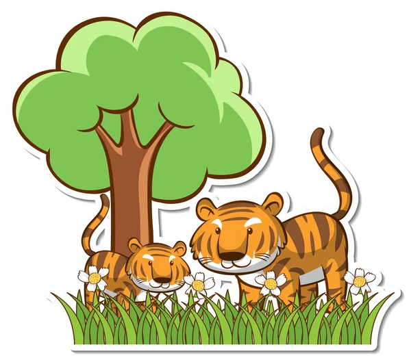 Tigermama Und Baby Stehen Grasfeld Aufkleber Illustration — Stockvektor