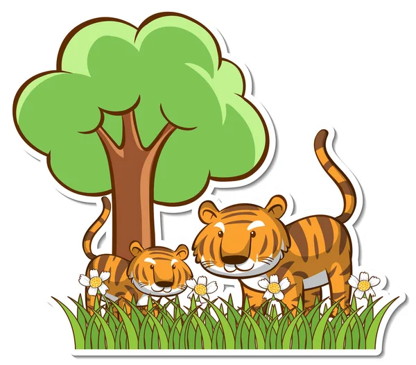 Tigre Maman Bébé Debout Dans Herbe Champ Autocollant Illustration — Image vectorielle