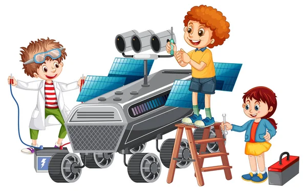 白い背景のイラストで一緒に衛星を固定する子供たち — ストックベクタ