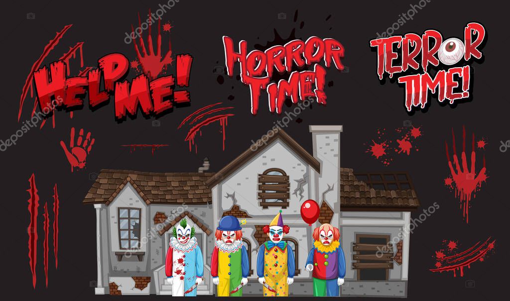 Set of blood stains with killer clown halloween character illustration