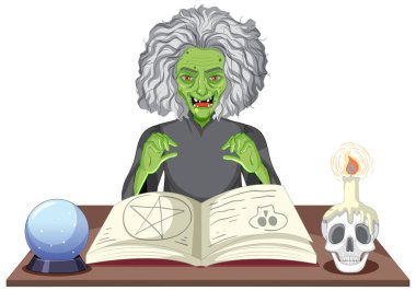 Büyü kitabı çizimi olan kötü kalpli yaşlı cadı.