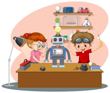 Çocuklar odada bir robotu tamir ediyorlar.