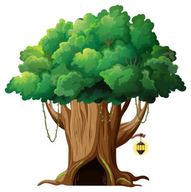 Beyaz arkaplandaki ağaç gövdesinin içindeki fantezi ağaç evi