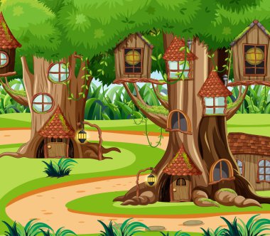 Ağaç evleri resimli fantezi orman sahnesi