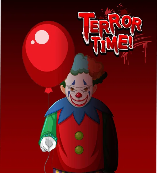 恐怖时间文字标志与令人毛骨悚然的小丑拿着气球插图 — 图库矢量图片