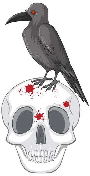 Schwarze Krähe Auf Totenkopf Illustration — Stockvektor