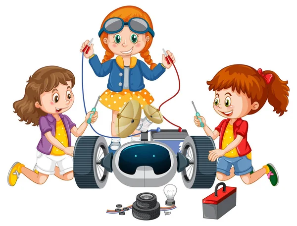 Children Fixing Robot Together White Background Illustration — Stock Vector