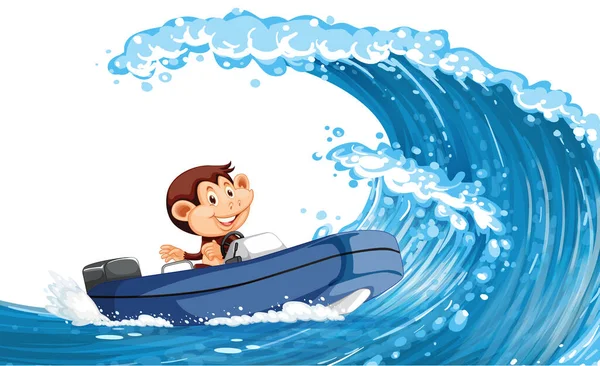 Happy Monkey Driving Boat Ocean Wave Illustration — Stock Vector