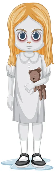 Little Ghost Girl Holding Teddy Bear Illustration — Stock Vector