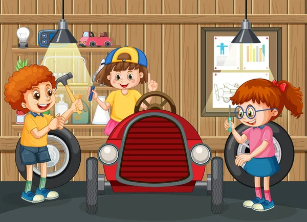 車を一緒に固定する子供たちとガレージシーンイラスト — ストックベクタ