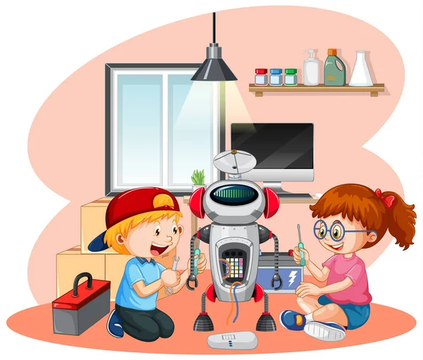 Niños Arreglando Robot Juntos Ilustración — Archivo Imágenes Vectoriales