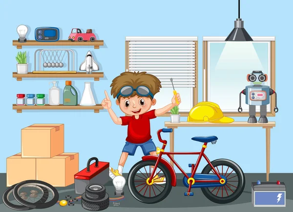 Niño Arreglando Una Bicicleta Escena Habitación Ilustración — Archivo Imágenes Vectoriales