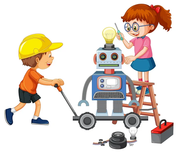 Niños Arreglando Robot Juntos Ilustración — Archivo Imágenes Vectoriales