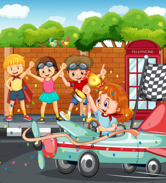 Scena All Aperto Con Bambini Auto Corsa Illustrazione — Vettoriale Stock