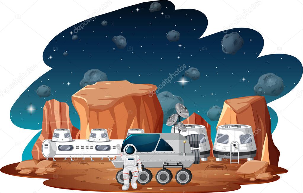 Space station on planet with astronaut illustration