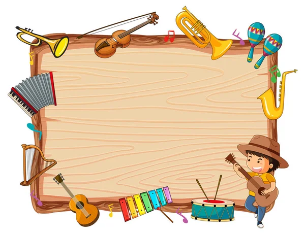Placa Madeira Vazia Com Instrumentos Musicais Ilustração —  Vetores de Stock