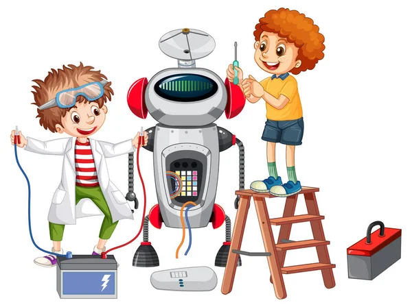 Bambini Che Fissano Robot Insieme Illustrazione — Vettoriale Stock