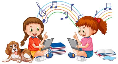 Beyaz arkaplan resimlerinde tablet kullanan genç kızlar