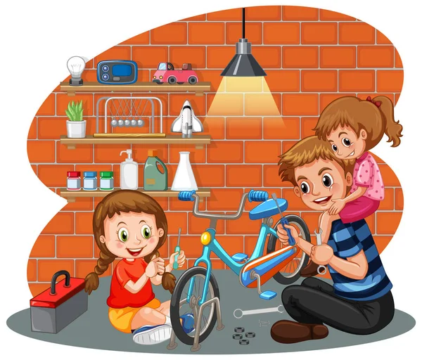 Niños Arreglando Una Bicicleta Juntos Ilustración — Archivo Imágenes Vectoriales