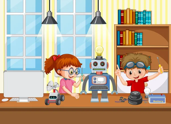 Niños Arreglando Robot Juntos Escena Habitación Ilustración — Archivo Imágenes Vectoriales