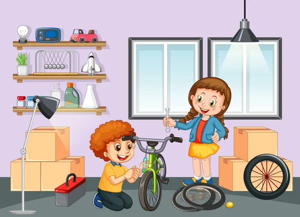 子供たちが一緒に部屋のシーンのイラストで自転車を固定 — ストックベクタ