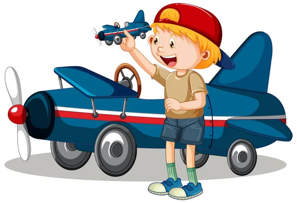小男孩站在飞机插图前玩飞机玩具 — 图库矢量图片