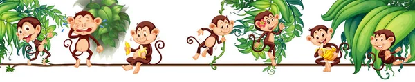 Diferentes Personajes Dibujos Animados Monos Cuerda Con Ilustración Hojas Tropicales — Archivo Imágenes Vectoriales