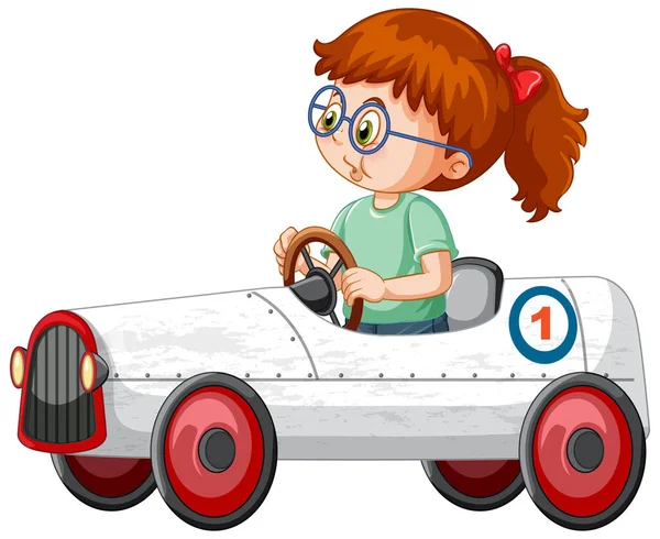 Dívka Řízení Mini Auto Hračka Bílém Pozadí Ilustrace — Stockový vektor