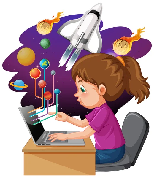 Young Girl Using Laptop Space Objects Illustration — Stock Vector