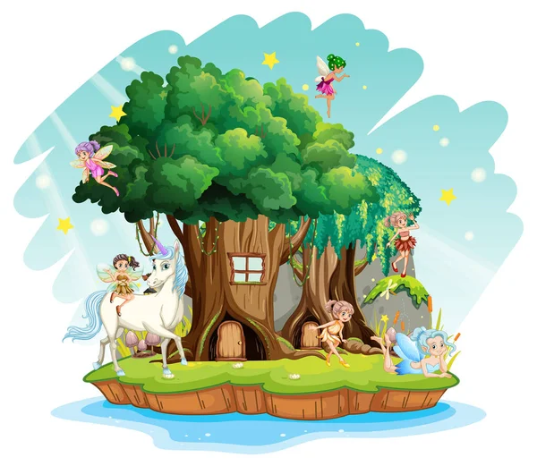 Fantasy Tree House Tree Trunk Fairies Illustration — Stock Vector