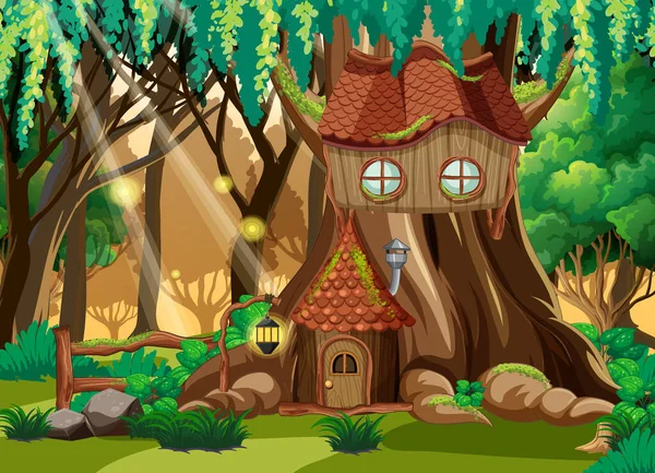 Fantasia Floresta Fundo Com Árvore Casa Ilustração — Vetor de Stock