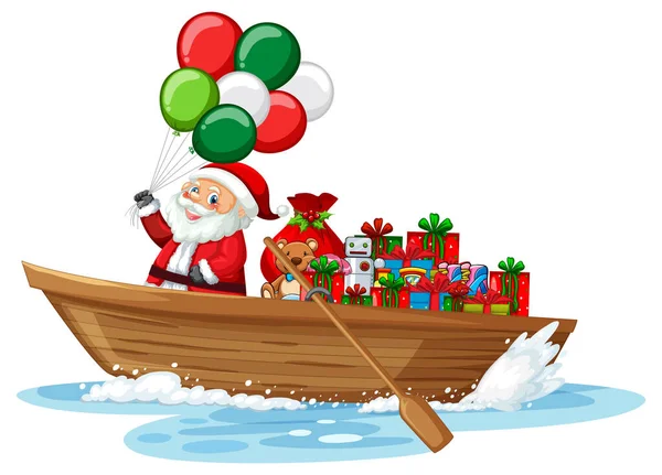 Santa Claus Bote Remos Con Muchas Cajas Regalo Ilustración — Archivo Imágenes Vectoriales