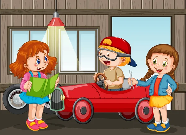 Garagenszene Mit Kindern Die Gemeinsam Ein Auto Reparieren Illustration — Stockvektor