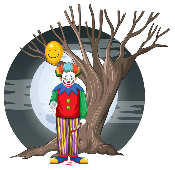 Payaso Espeluznante Con Árbol Sobre Fondo Luna Llena Ilustración — Archivo Imágenes Vectoriales