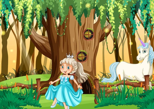 Prinzessin Und Einhorn Verzauberten Garten Hintergrund Illustration — Stockvektor